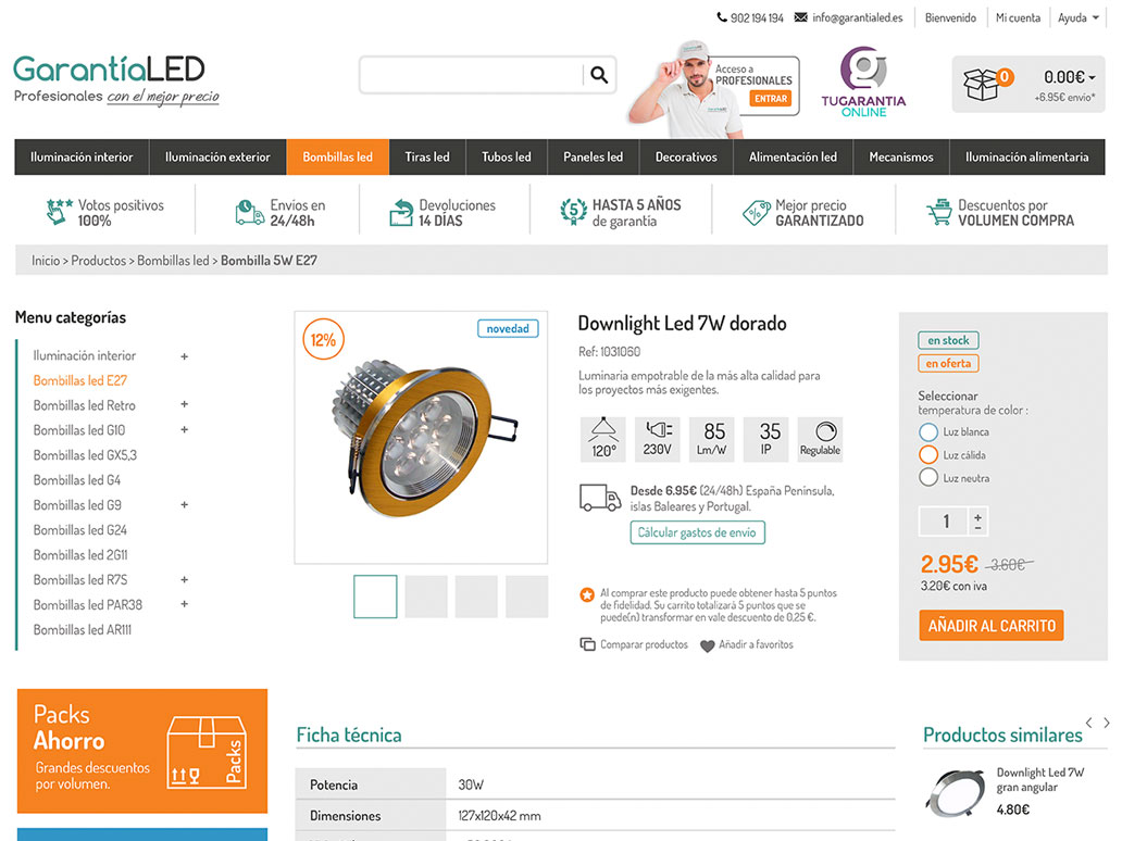 Diseño de la tienda online de Garantía Led para venta de bombillas led