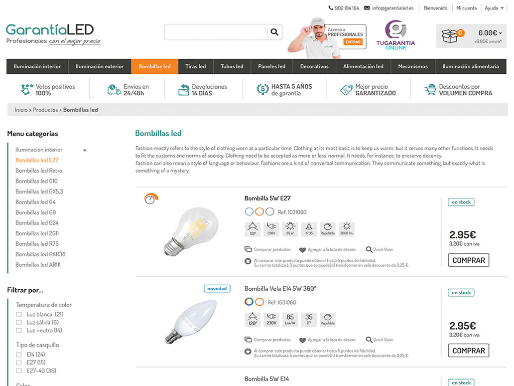 Diseño de tienda online para Garantía Led de venta de bombillas led
