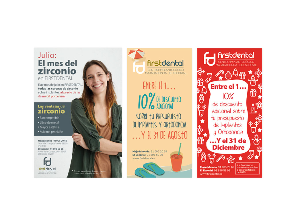 Folletos publicitarios para la clínica dental Firstdental Majadahonda y el Escorial en Madrid.