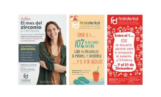 Folletos publicitarios para la clínica dental Firstdental Majadahonda y el Escorial en Madrid.