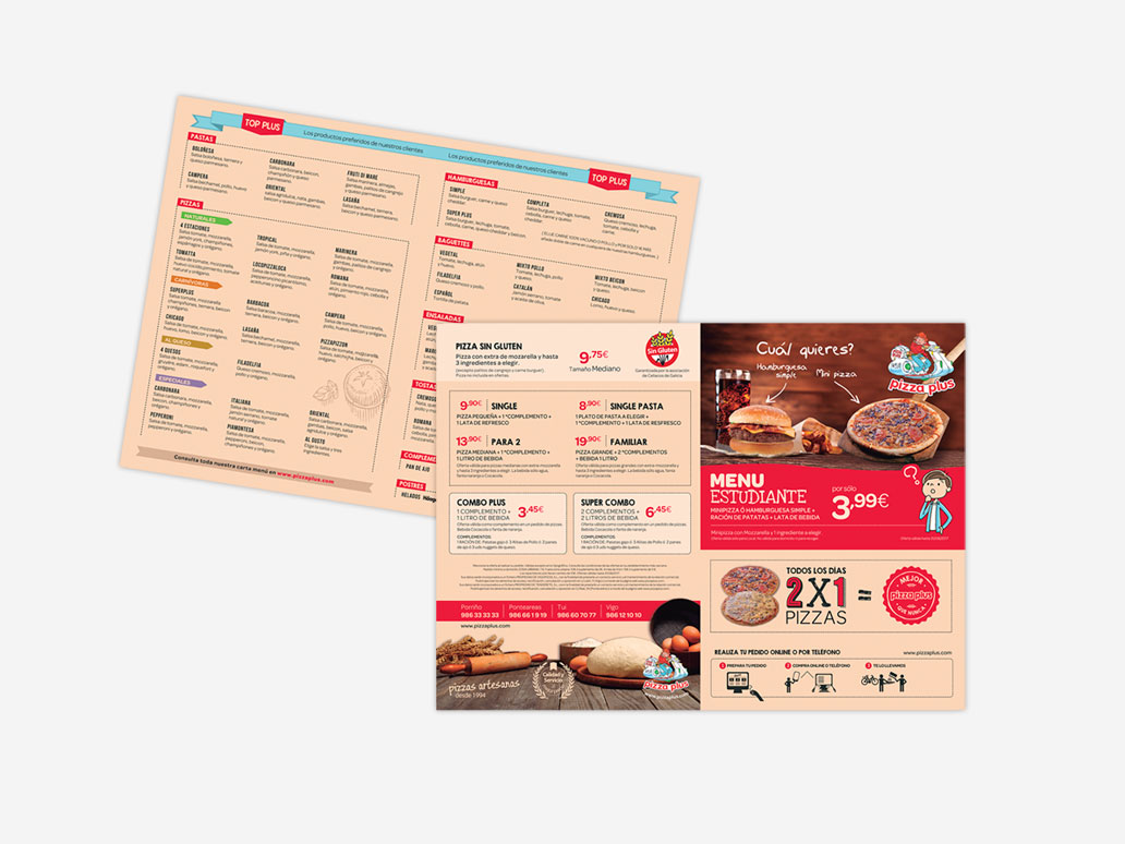 Diseño de folletos publicitarios para Pizzería PizzaPlus