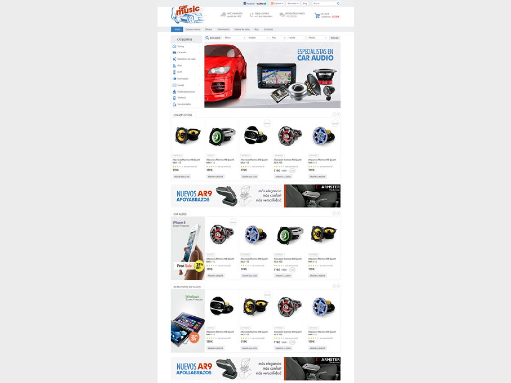 Diseño de tienda online para Power Music taller car audio y tuning Prestashop Boiro A Coruña.