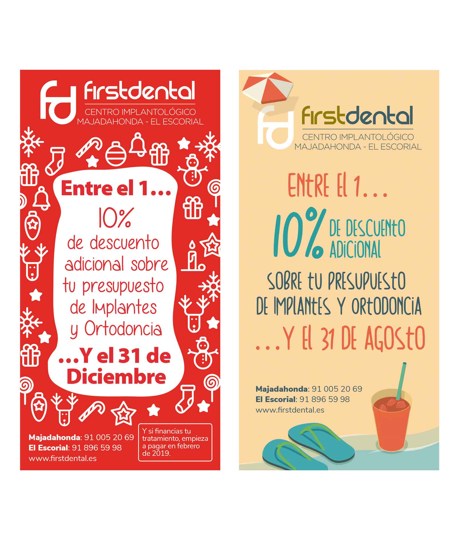 Folletos publicitarios para la clínica dental Firstdental Majadahonda y el Escorial en Madrid.